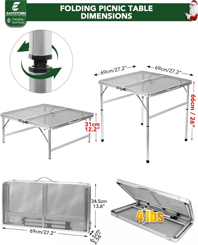 Square Folding Card Table with Adjustable Height (12" & 26"), Silver Portable Metal Mesh Table for Camping, BBQ, Picnic, Game, Patio & Indoor Use, Fits 2–4 People, Lightweight 7.6 lb, Supports 66 lb