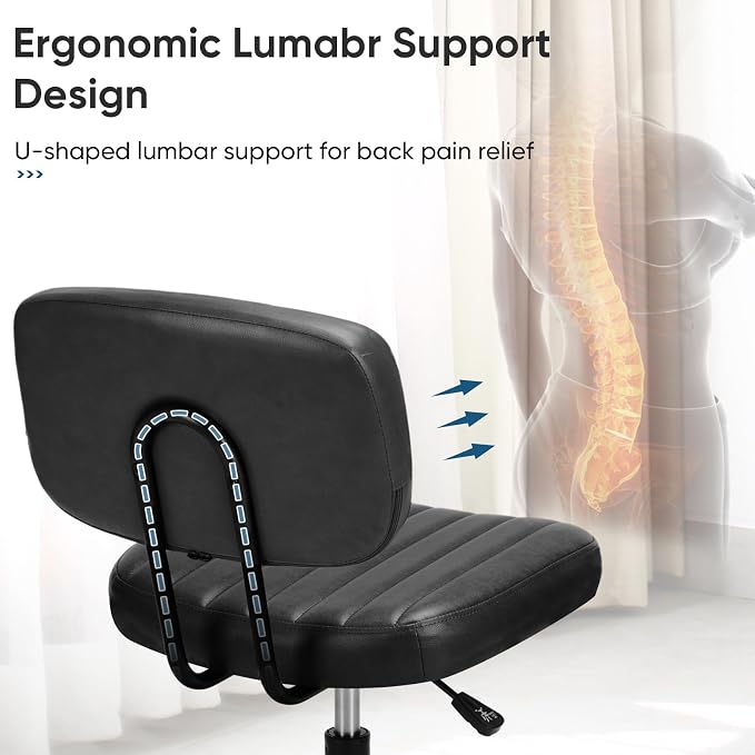DUMOS Small Office Desk Chair, Armless Vanity Chair with Lumbar Support | PU Leather, 360° Rolling Task, Height Adjustable, Home Bedroom, Adult, Student, Black