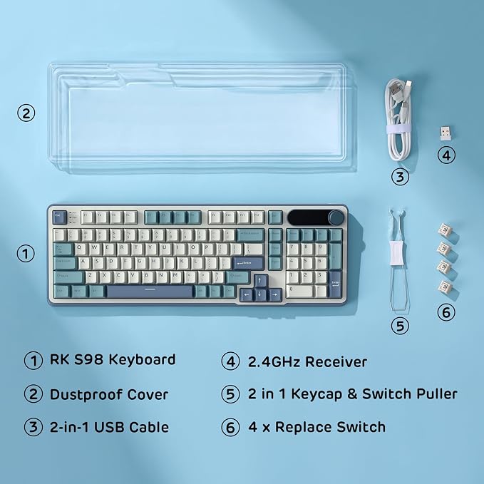 RK ROYAL KLUDGE S98 Mechanical Keyboard w/Smart Display & Knob, Top Mount 96% RGB Wireless Gaming Keyboard BT/2.4G/USB-C, Hot Swappable, Software Support, Creamy Sound, 98 Keys