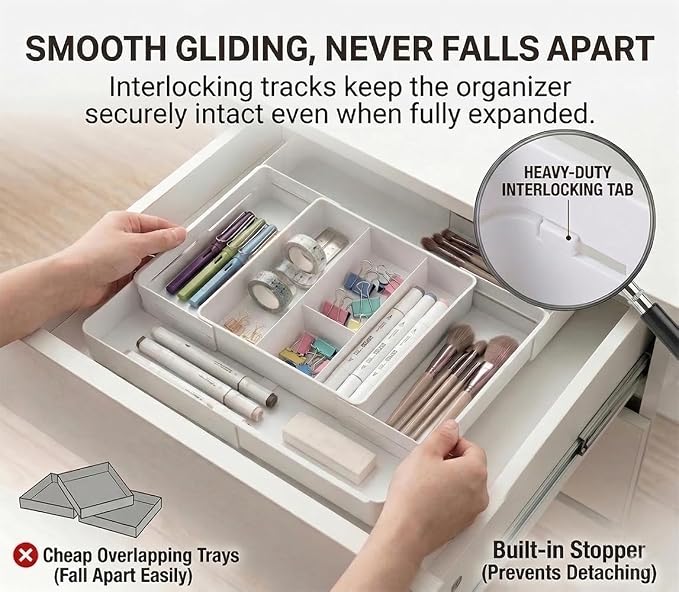 4-Way Expandable Drawer Organizer, 2.2" Low Profile Tray, White | Up to 13 compartments with 6 adjustable dividers & anti-slip pads. Ideal desk tray for office stationery & makeup vanity.