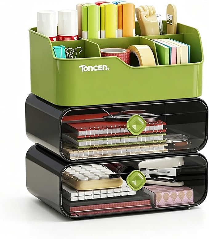 Desk Organizer with Drawers & Divided Compartments, Stackable Desktop Storage Caddy for Makeup and Office Stationery (Black)