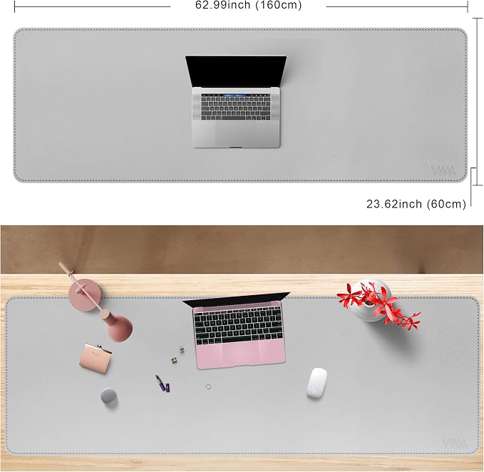Desk Mat on top of Desks, Vyaaa 63" x 23.6" PU Leather Desk Mat, Large Desk Blotter Pad for Office, Home, Gaming, Computer, Laptop, Keyboard and Mouse - Light Gray