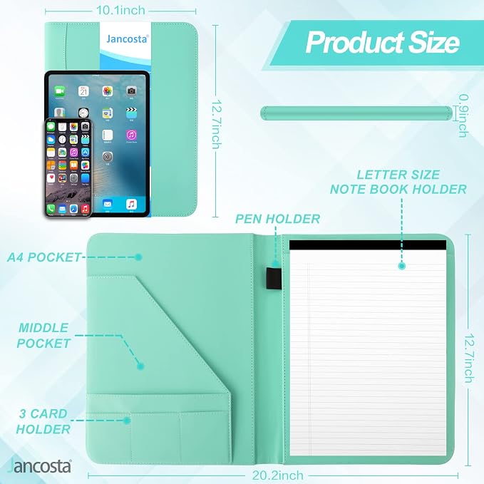 1 Pack Business Padfolio Portfolio Binder, Faux Leather Folio Folder, Resume Legal Document Organizer with Letter Size Writing Notepads (New Robin Egg Blue 1 Pack)