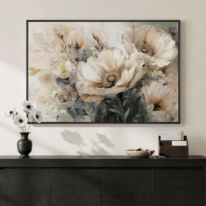 Framed Neutral Floral Wall Art, Botanical Flower Canvas Painting Prints for Modern Farmhouse, Rustic Retro Watercolor Pictures for Living Room Bedroom Dining Room Office Kitchen Wall Decor, 24x36 Inch