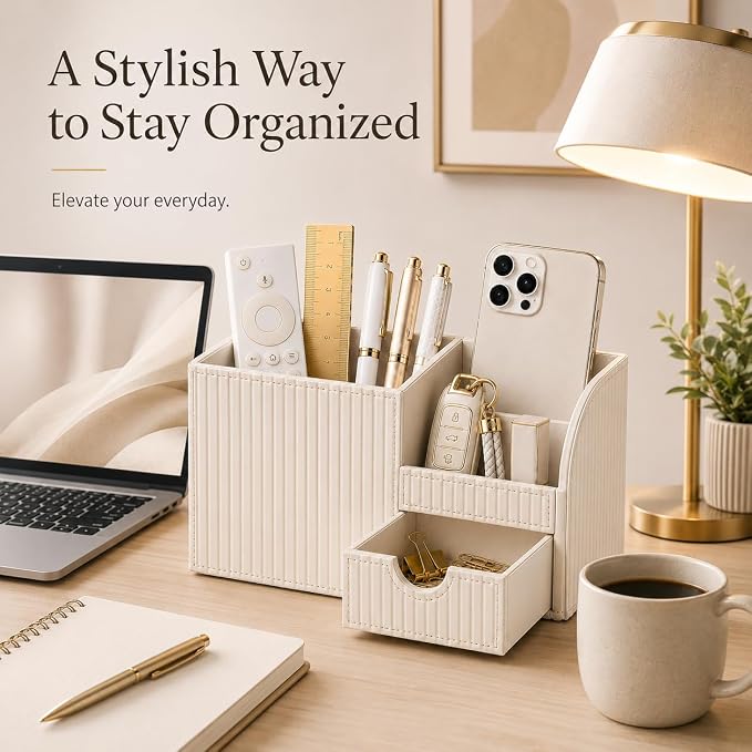 Luxury PU Leather Desk Organizer with Drawer, Modern Aesthetic Office Desk Accessories for Women, Multi-Compartment Pen Holder & Desktop Storage Organizer for Home Office, Cream White