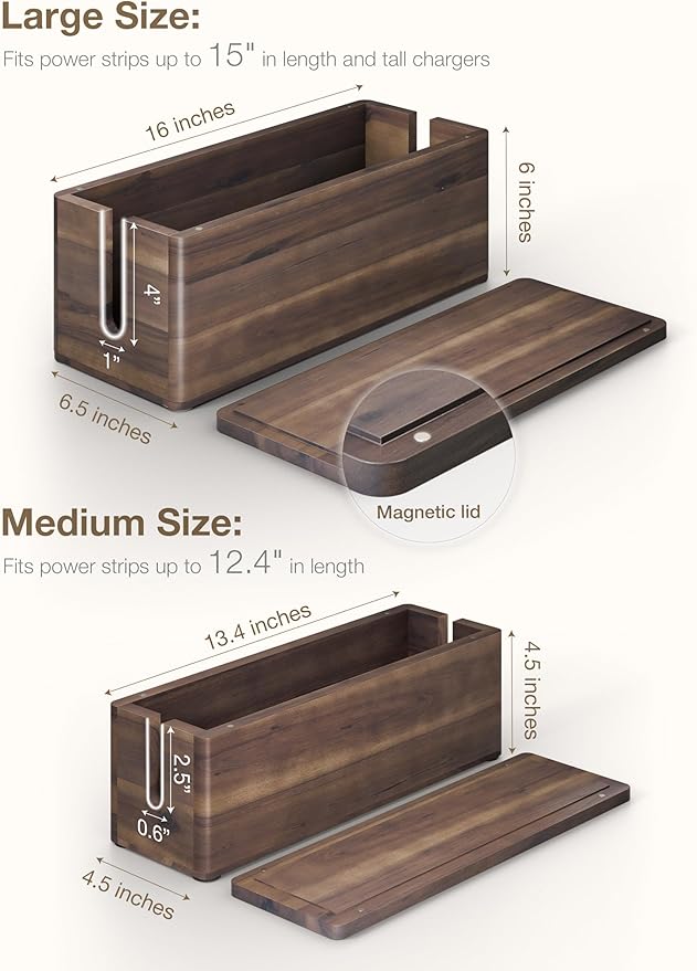 TIDITA Set 2 Wooden Large Cable Management Box Round Edge (Walnut Color) | Set of 2 Sizes, Cable Slots, Magnetic Lid, Non-Skid Pads, Solid Acacia Wood, Wooden Power Strip Box, Surge Protector Box