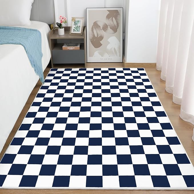 Terrug Navy and White Checkered Rug for Bedroom,4x6 Area Rugs Washable with Non Slip for Living Room,Soft Low Pile Stain Resistance Retro Carpet for Dorm Kids Room