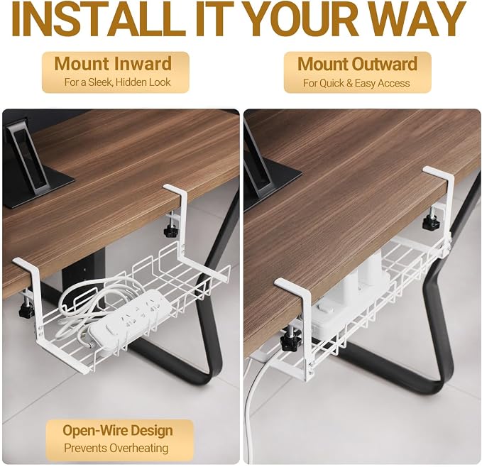 Under Desk Cable Management Tray, 15.7'' Metal Wire Organizer with Clamp, No Drill Desk Cord Rack for Cable Management, Computer Wire Organizer for Office and Home, Sturdy & Scratch-Free