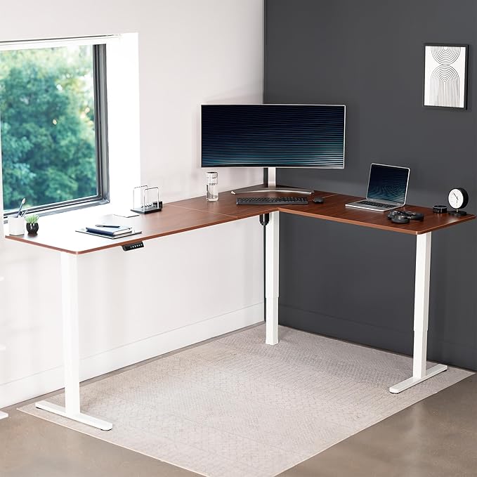 VIVO Corner Standing Desk, 84 x 63 inch Reversible L-Shaped Workstation, Electric Height Adjustment, Home, Office, and Reception Rooms, Dark Walnut Table Top White Frame, DESK-E3CTWD-84