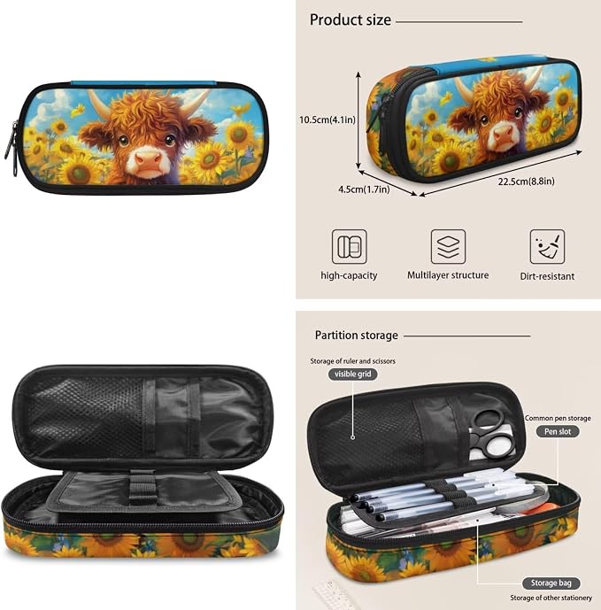 ZFRXIGN Highland Cow Kids Backpack for Boys Bookbag with Pendant 17inch Elementary School Girls Bag and Insulated Lunch Box Portable Pencil Case Blue Sunflower