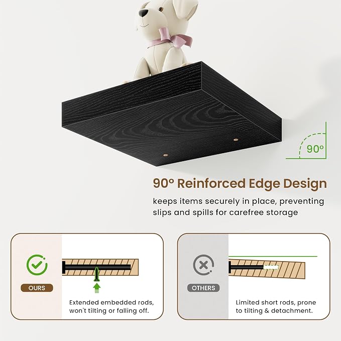 Square Floating Shelves for Wall, 9.25"W x 9.25"D x 1.25"H, 3 Pack Small Wall Mounted Engineered Wood Shelves with Invisible Brackets for Living Room, Bedroom, Bathroom, Kitchen Decor, Black