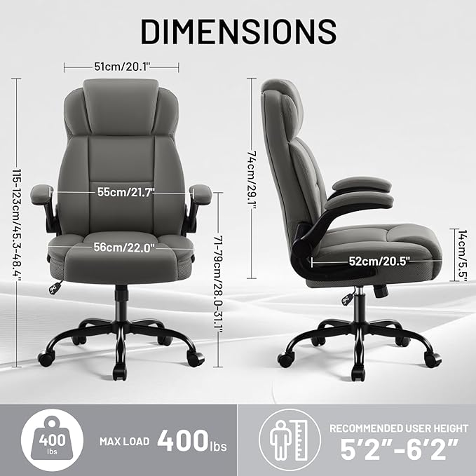 AreShark Ergonomic Office Chair with High Back Headrest,PU Leather Executive Desk Chair Padded Flip-Up Armrests,Lumbar Support,Swivel Computer Chair for Home Office & Gaming,Gray