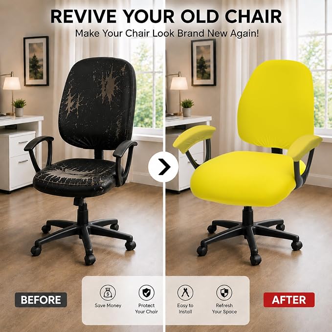 Stretchable Split Office Chair Seat Covers - Universal Stretch Computer Chair Slipcover - Washable Rotating Backrest Coverings & Cushion Protectors & Armrest Covers for Dogs, Cats, Pets, Yellow