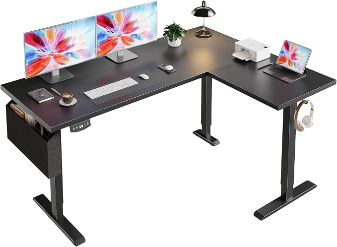 Korfile 63" L Shaped Standing Desk, Height Adjustable, LED, Memory Presets | Reversible, Ergonomic Sit to Stand Computer Desk with Headphone Hook for Home, Office and Workstation, Dark Black