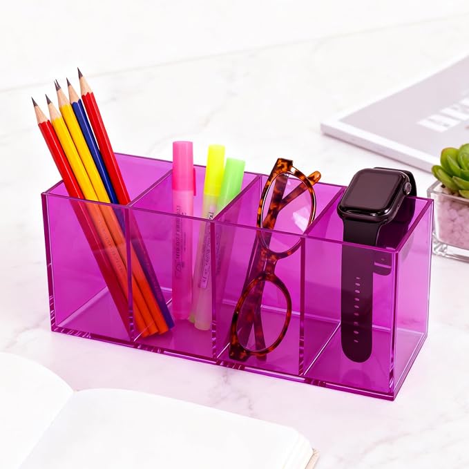 Pen Holder for Desk Neon Acrylic Pencil Holder Cup Makeup Brush Storage Organizer for Vanity, Purple