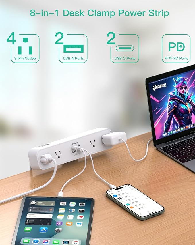 Mifaso PD40W USB C Desk Clamp Power Strip, 1080J Surge Protector | 4 Outlets, 4 USB (2 USBC), 5FT Extension Cord, Desk Organizer Gaming Accessories Home Office Essentials, Fits 1.96" Edge