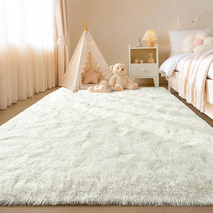 Zentavio Area Rugs for Living Room Small Carpet for Bedroom 3x5 Bedside Washable Soft Fluffy Shag Aesthetic Plush High Pile Throw Rug for Nursery Kids Room Dorm Room White