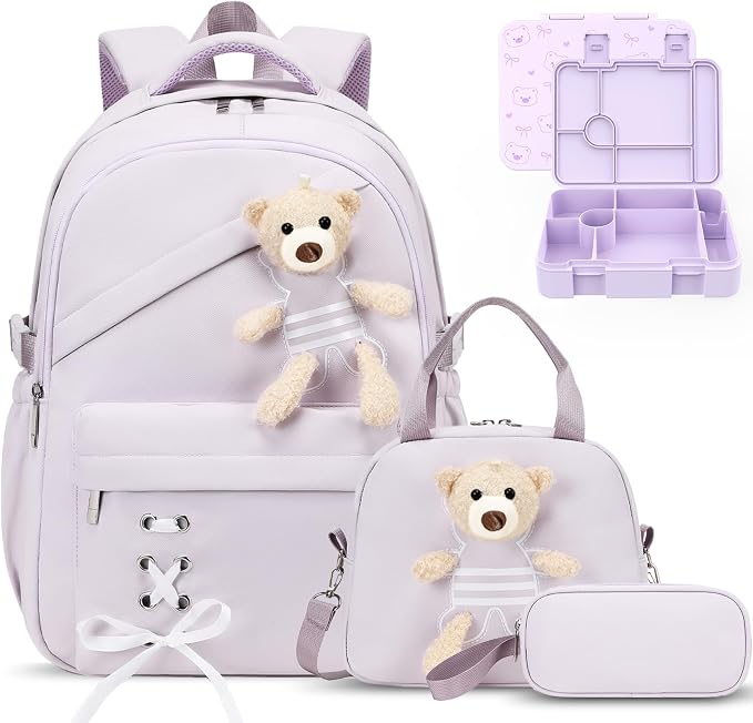 ACESAK Backpack for Girls with Bento Box - 4 PCS Cute Girls Backpack with Lunch Box, Pencil Case & Bento Box Set - 43oz Leakproof Lunch Box Kids Snack Containers Set Back to School Supplies (Purple)