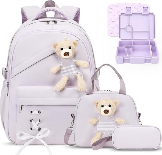 ACESAK Backpack for Girls with Bento Box - 4 PCS Cute Girls Backpack with Lunch Box, Pencil Case & Bento Box Set - 43oz Leakproof Lunch Box Kids Snack Containers Set Back to School Supplies (Purple)