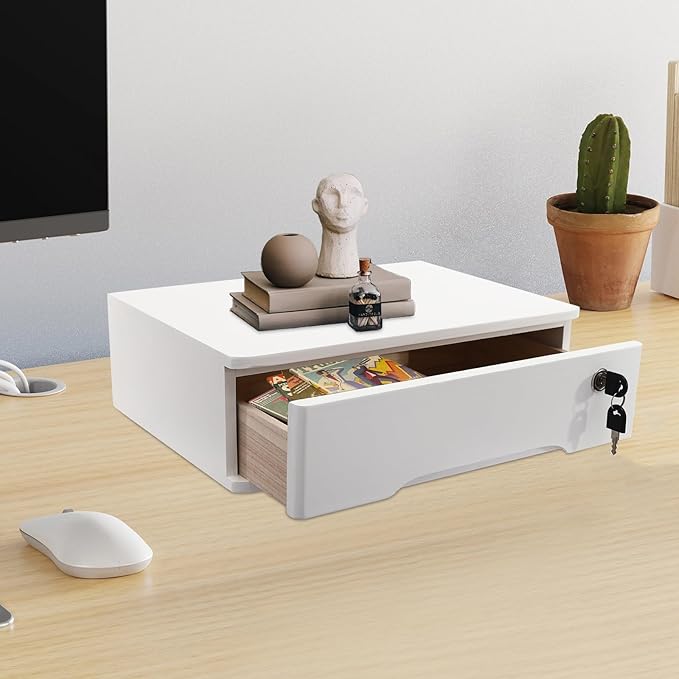 Desktop Storage Box with Lockable Drawer, Office Supplies Drawer Organizer, Wooden Desk Organizer, Small Bamboo Storage Box for Desk, Modern Desktop Drawer Organizer (White)