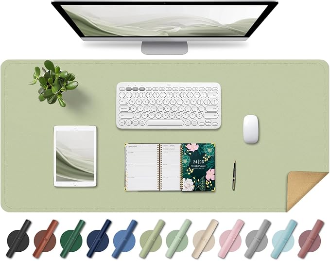Non Slip Desk Mat, 31.5" x 15.7" PU Leather Desk Pad, Cork Desk Mat for Desktop, Desk Pad for Keyboard and Mouse, Ideal for Office and Home, Matcha