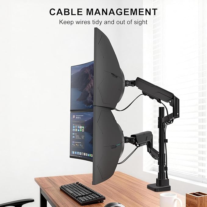 WALI Vertical Dual Monitor Stand for 17-49 inch Ultrawide Curved Screens, Heavy Duty Stacked Dual Monitor Mount with Tall Pole, Adjustable Gas Spring Monitor Arm up to 33lbs, 75/100mm VESA, Black