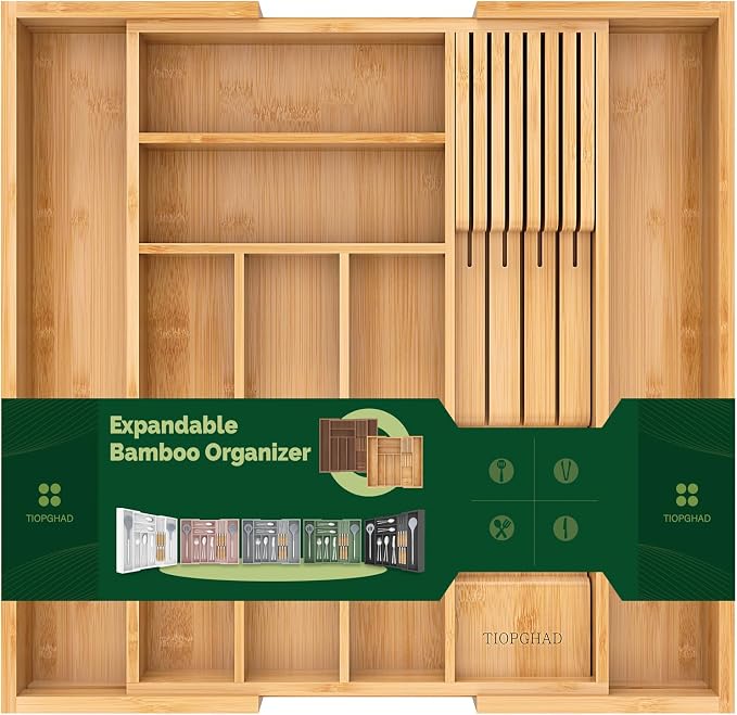 Expandable Bamboo Silverware Drawer Organizer Tray, Natural | Removable Knife Block, Holds 7 Knives, Adjustable Dividers, 12.6-21.45 x 16.3 x 2.13 in, Drawer Insert for Utensils, Forks