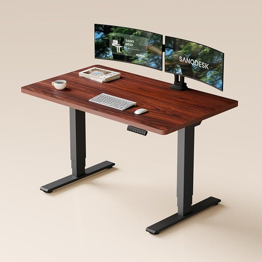 SANODESK Dual Motor Standing Desk 220lbs Height Adjustable Desk | 48"x30" Spacious One-Piece Mahogany Desktop & Black Frame, 4 Memory Presets, 3-Stage Legs, 220lbs, 2-Box for Home & Office