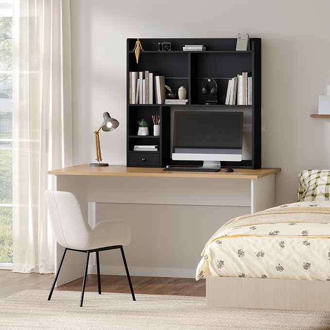 knoworld Desktop Bookshelf for 27" Monitor, Space-Saving Engineered Wood Desk Hutch Organizer with Adjustable Shelves & Drawer, Clutter-Free Tabletop Bookcase for Dorm & Home Office, Black