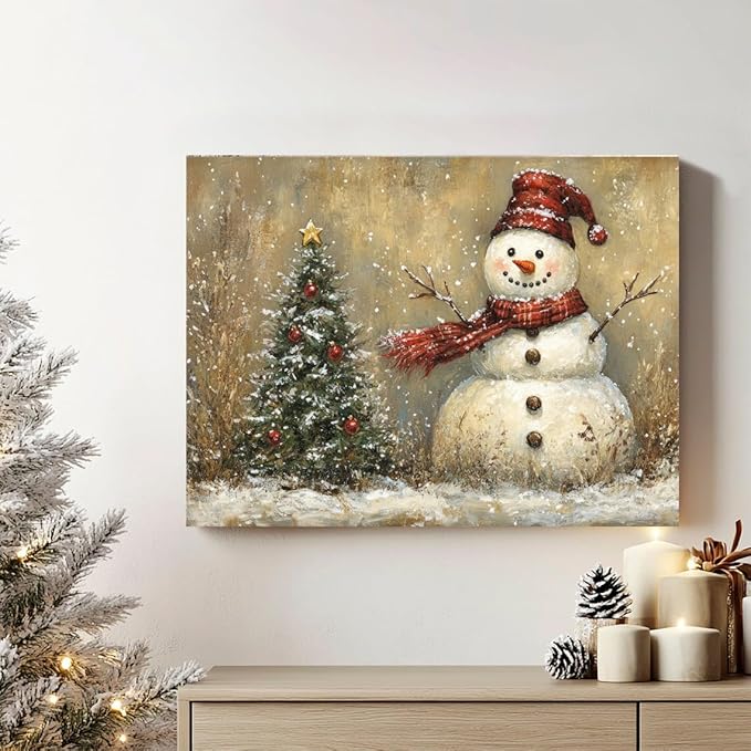 Rustic Christmas Wall Decor Pine Tree Snowman Picture for Living Room Retro Christmas Tree Poster Bedroom Abstract Snowy Winter Scene Canvas Prints Painting Holiday Artwork Xmas Home Decoration 12x16"