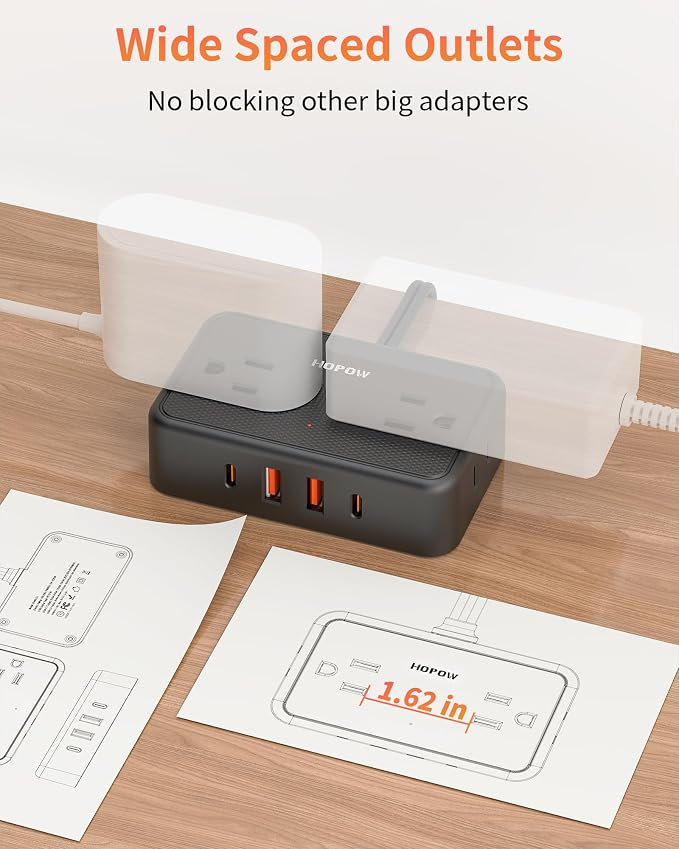 HOPOW 2 Prong Power Strip, 2 Prong to 3 Prong Outlet Adapter with 4 AC Outlets & 4 USB(2 USB-C), 6FT Two Prong Surge Protector, 900 Joules, Wall Mount Extension Cord for Non-Grounded Outlet, Black