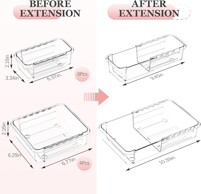 DILIBRA 12 Pcs Clear Extendable Drawer Organizer, Adjustable Drawer Storage | 2-Size Desk Drawer Organizer, Plastic Non-Slip Storage Bins for Makeup Cosmetic Jewelries Utensils Stationery Dressers Tool