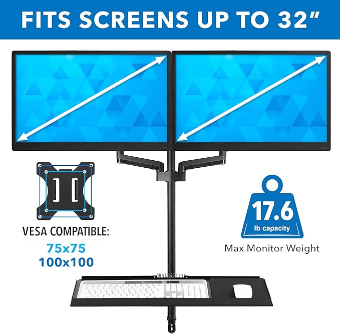 Mount-It! Dual Monitor Arm Wall Mount Workstation with Keyboard Tray & CPU Holder, Height Adjustable Gas Spring Full Motion Computer Station, Fits 17–32” VESA 75x75 100x100, Black