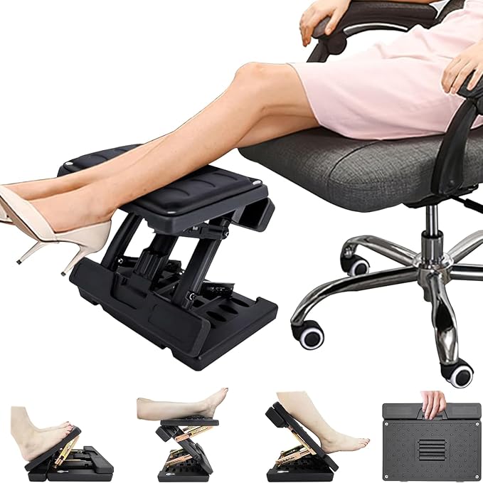 Under Desk Footrest - Detachable Memory Foam Cushion & Massage Roller, Tool-Free Height & Angle Adjustable Foot Stool, Ergonomic Leg Rest for Office, Home & Gaming Comfort, (Black Plus)