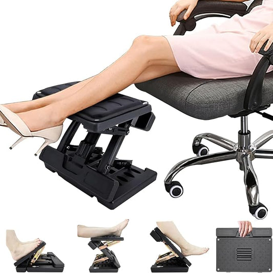 Under Desk Footrest - Detachable Memory Foam Cushion & Massage Roller, Tool-Free Height & Angle Adjustable Foot Stool, Ergonomic Leg Rest for Office, Home & Gaming Comfort, (Black Plus)
