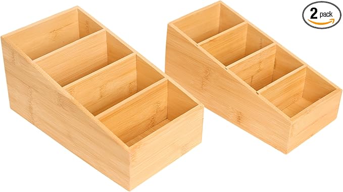 2 Pack Bamboo Food Pantry Organizers, 4 Section | Modular Wooden Storage Trays, Kitchen, Bathroom, Vanity Office Desk, Decluttering Solution, Makeup, Jewelry Office Supplies