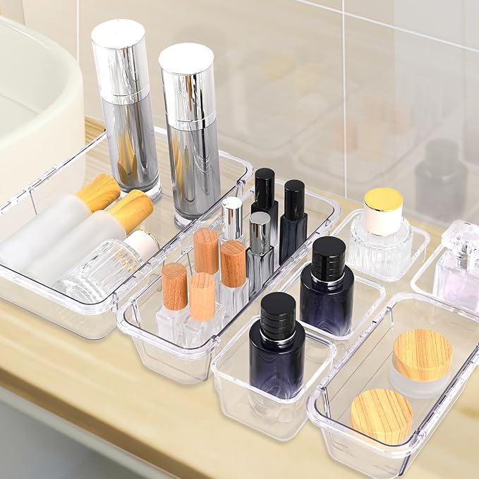 14 Pcs Clear Drawer Organizer, Adjustable Drawer Storage Box, 3-Size Desk Drawer Organizer, Acrylic Storage Bins for Makeup, Cosmetic, Kitchen Utensils, Bedroom Dressers Tool Organizer for Gadgets