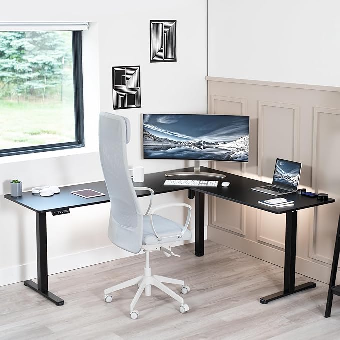 VIVO Corner Standing Desk, 75 x 63 inch Reversible L-Shaped Workstation, Electric Height Adjustment, Home, Office, and Reception Rooms, Black Table Top Black Frame, DESK-E3CTB-75