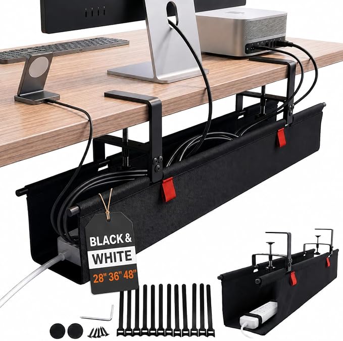 Under Desk Cable Management Tray 36" — No Drill Clamp-On Cord Organizer for Desk with Built-in Ties, Heavy Duty Metal Clamp, Foldable 600D Oxford Fabric for Home Office, WFH & Gaming PC Setup (Black)