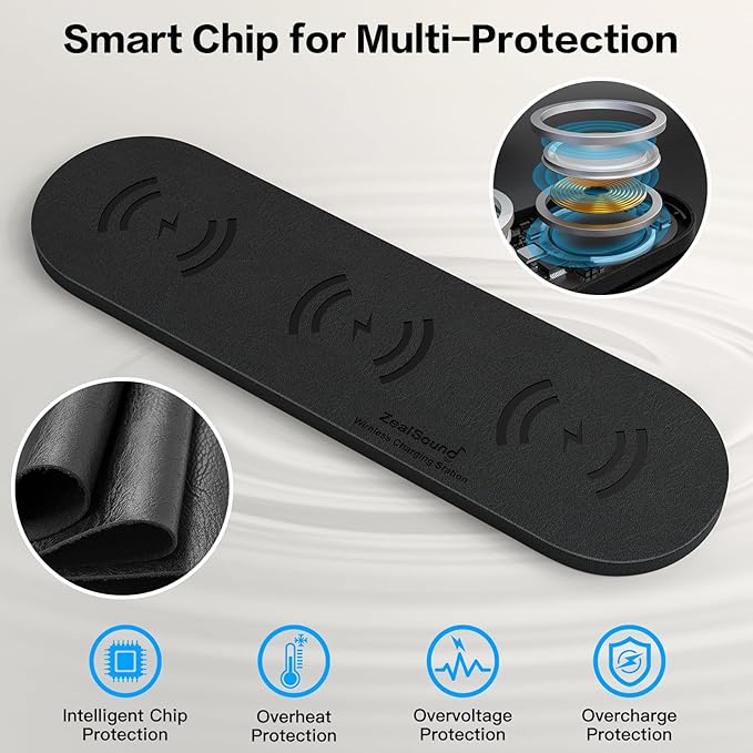 ZealSound 3-in-1 Wireless Charging Pad, Fast Charger Mat with 36W Adapter for iPhone 17/16/15, Samsung Galaxy, Pixel, AirPods & Galaxy Buds, Ultra Slim Case Friendly PU Leather for Home Office Travel