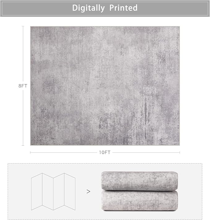 Srugn Washable Rugs 8x10 Area Rugs for Living Room,Modern Abstract Rugs for Bedroom,Large Carpets,Ultra Soft Faux Wool Retro Dining Room Rug,Non Slip&Non-Shedding Low Pile Print Rug- Grey