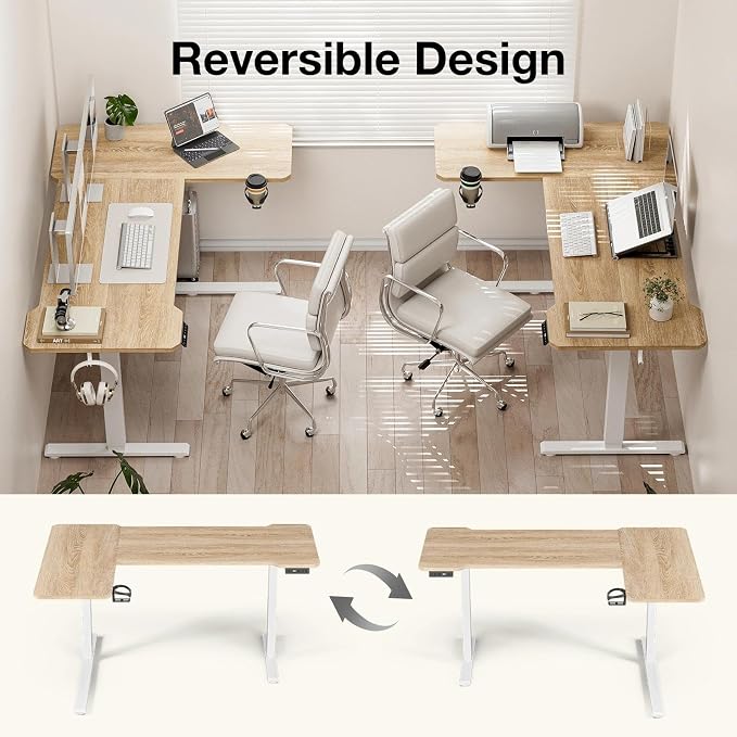 Acrolix L Shaped Electric Standing Desk - 43x31.5 Inch Reversible Corner Sit Stand Desk with Hook&Cup Holder,Electric Height Adjustable Table,for Small Home Office&Bedroom Computer Desk, Oak