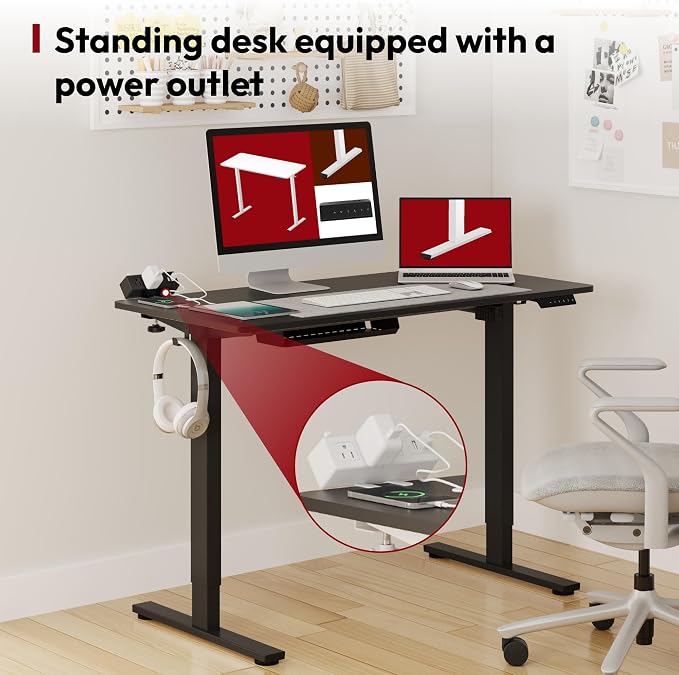 SANODESK Electric Standing Desk with Desk Clamp Power Strip 48"x 24" Whole-Piece Desktop Height Adjustable Stand Up Desk with Cable Management Sit Stand Home Office Desk Black Frame/Black Top