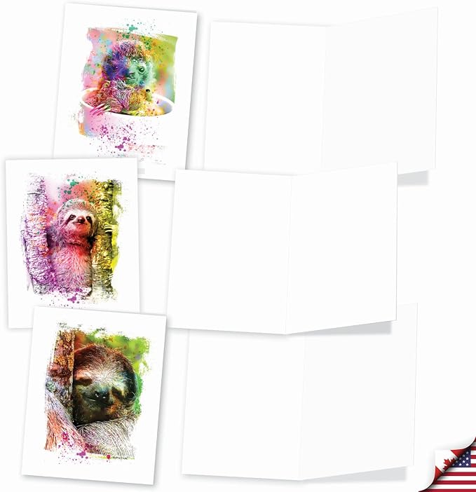 The Best Card Company Animal Assorted Watercolor Blank Greeting Card Box Set - Incl. 10Unique Notecards Designs + Envelopes, Thank You, Invitations- Funky Rainbow Sloth AM6866OCB-B1x10