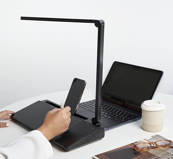 GAROOD Desktop Dry Erase Board with Storage Wireless Charger LED Lamp (Black) Desk White Board Desk Board Glass Desktop White Board with Stand Home Office Organizer Phone Holder 15.8X7X2 inches