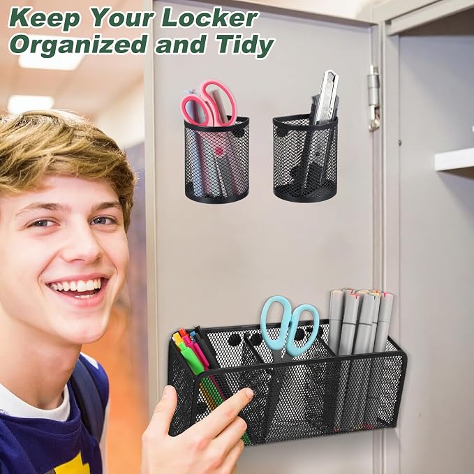 4 Pack Magnetic Pencil Holder for Whiteboard - Multi-Compartment Magnet Pen Holder Storage Basket Organizer for Locker, Refrigerator, Classroom & Office Supplies (Black)