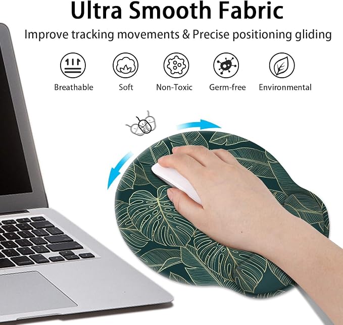 Britimes Ergonomic Mouse Pad Set with Wrist Rest Green Palm Leaves Non-Slip Rubber Base Wrist Cushion Support and Coasters Mousepad with Wrist Support for Computer Keyboard and Desk