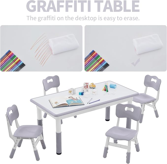 DOREROOM Adjustable Kids Table & 4 Chairs Set, 47.2" L x 23.6" W, Grey | Graffiti Desktop,Table Supports 300 lbs,Toddler Ages 2-8，FSC-certified, Children Activity Table for Daycare, Classroom, Home
