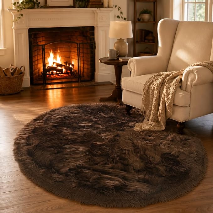 EasyJoy Faux Sheepskin Rug, Fluffy Faux Fur Rug, Ultra Soft Shag Area Rug with Non-Slip Backing for Bedroom, Living Room, Nursery, Kids Room(4 x 4 ft Round, Coffee)