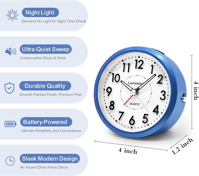 Lamisola 4 Inch Alarm Clock for Bedrooms, Small Analog Desk Clock, Blue | Battery Operated Bedside Clock for Bedroom Bathroom Home Nightstand Shelf, Night Light Snooze, Minimalist Clocks for Seniors